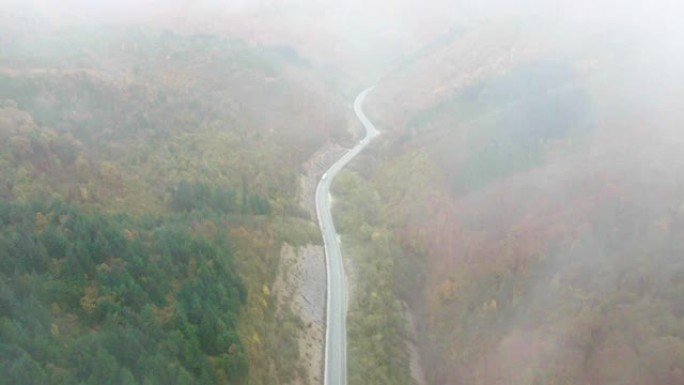 秋季天线过度失误。空中公路旅行在雾中蜿蜒的山路上，汽车在秋天经过五颜六色的森林。