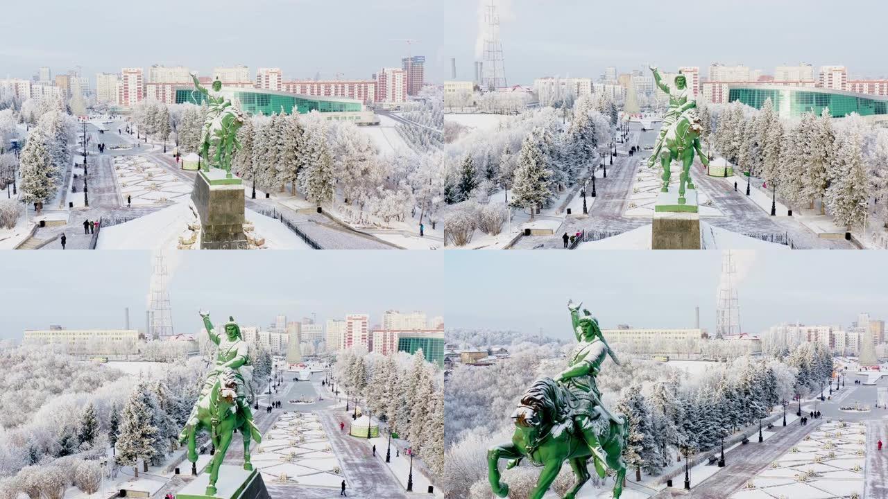 冬季俄罗斯城市的最佳景观。乌法市的鸟瞰图，萨拉维特·尤拉耶夫 (Salavat Yulaev) 的纪