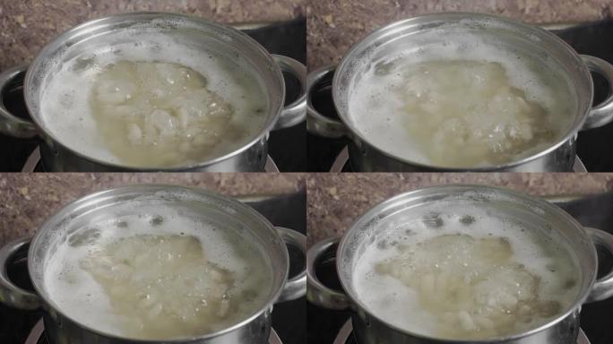 豆类烹饪在平底锅中的沸水中处理白豆种子。