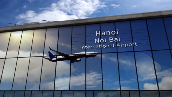 飞机降落在越南河内机场，反映在航站楼