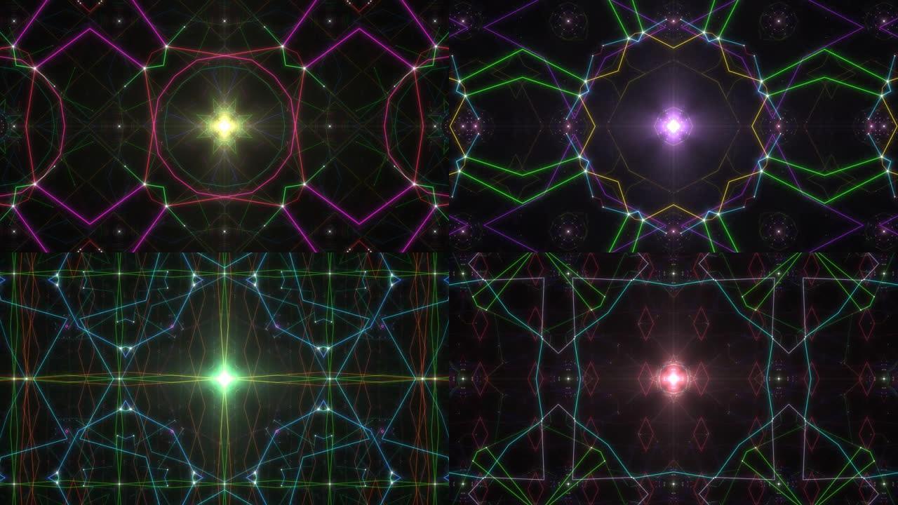 抽象彩虹发光霓虹万花筒旋转分形图案-4k无缝循环运动背景动画