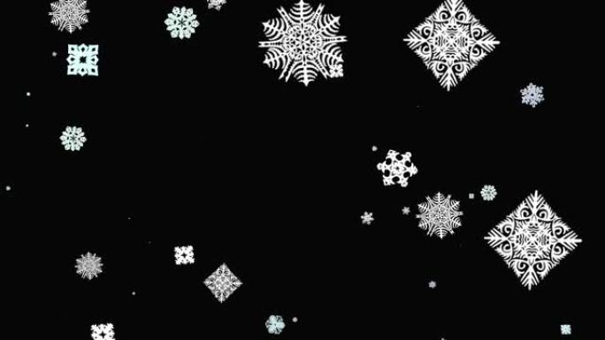黑色背景上的雪花动画。具有飞行和闪烁的尘埃颗粒的摘要背景。美丽的装饰图案。冬天，暴风雪，寒冷。演示