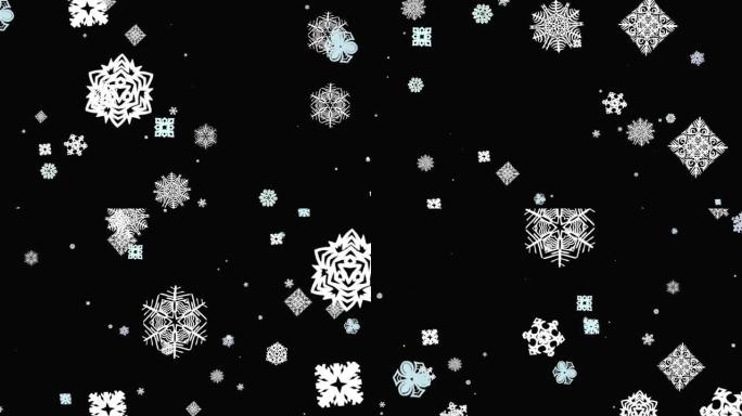 黑色背景上的雪花动画。具有飞行和闪烁的尘埃颗粒的摘要背景。美丽的装饰图案。冬天，暴风雪，寒冷。演示