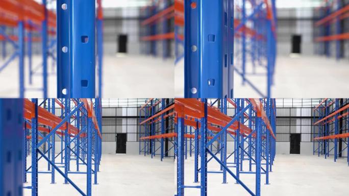 多莉镜头视图: 仓库或仓库和货架上空旷的场地，在配送仓库内。一个空的储物蓝色金属天花板房间。包装站、