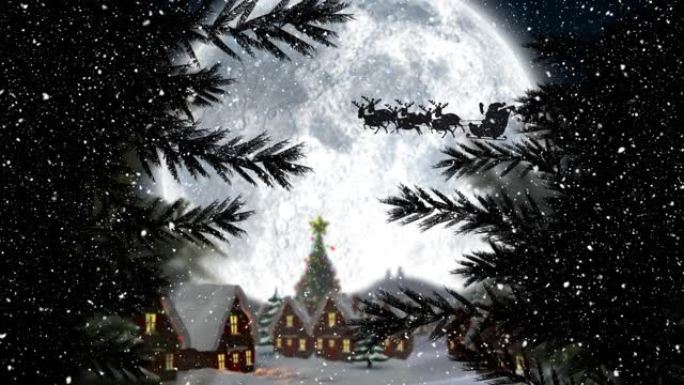 冬天下雪的数字动画和圣诞老人的黑色剪影