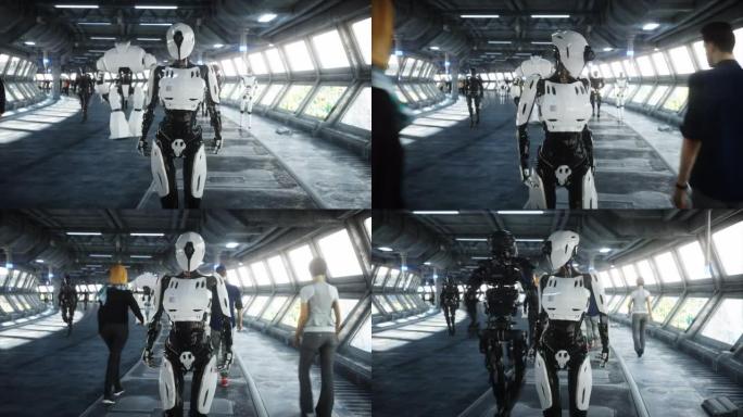 人和机器人。科幻小说。未来的交通。未来的概念。逼真的4k动画。