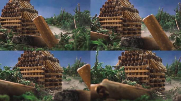火柴屋附近有存根的微型，木头里有烟
