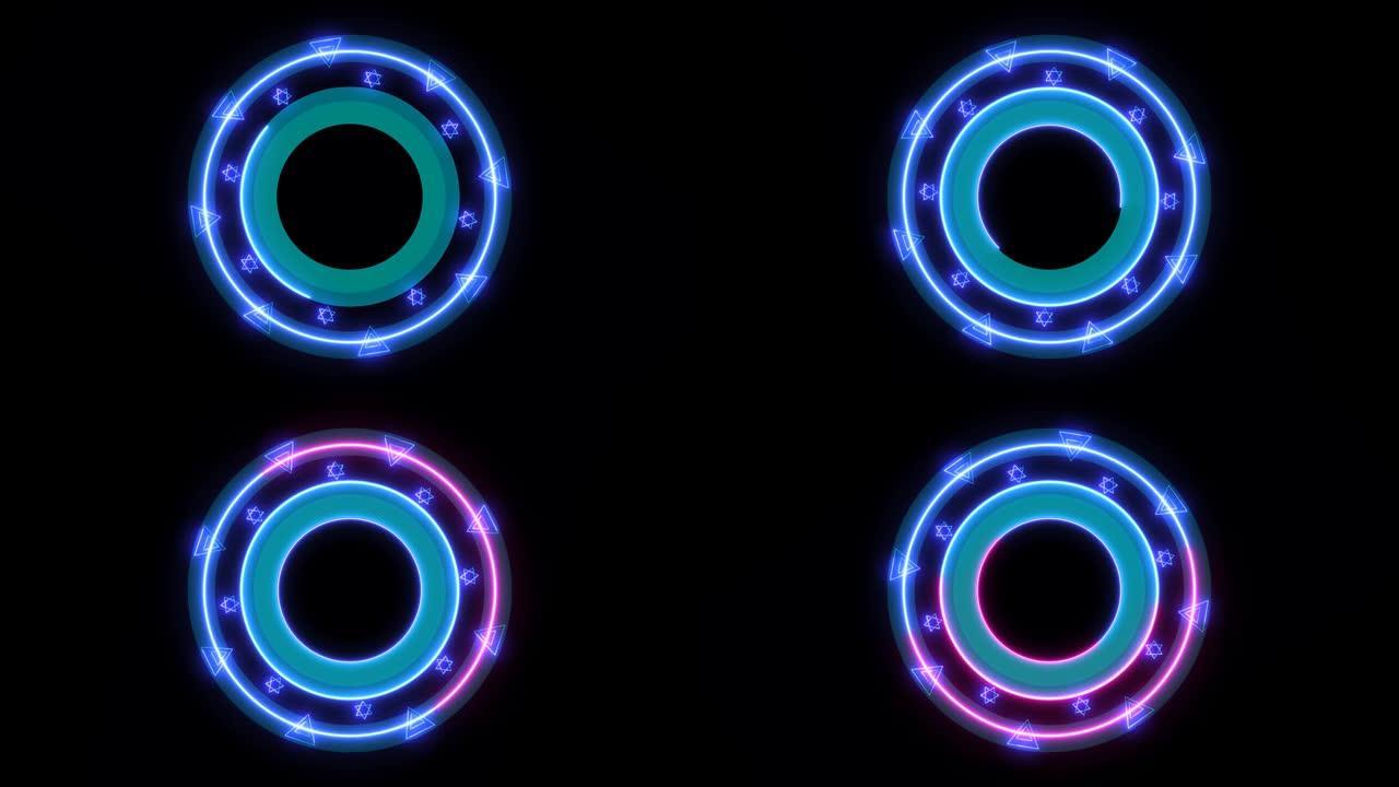 Absract魔星圆蓝色激光辉光旋转通过三天使和六角星，并创建粉红色激光