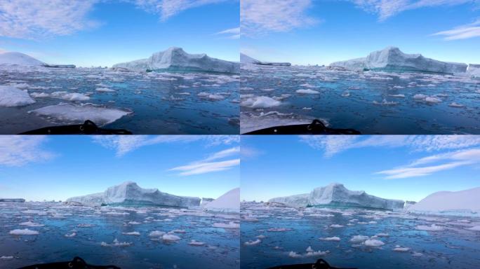 海面上布满浮冰。这段视频是在小艇上拍摄的。