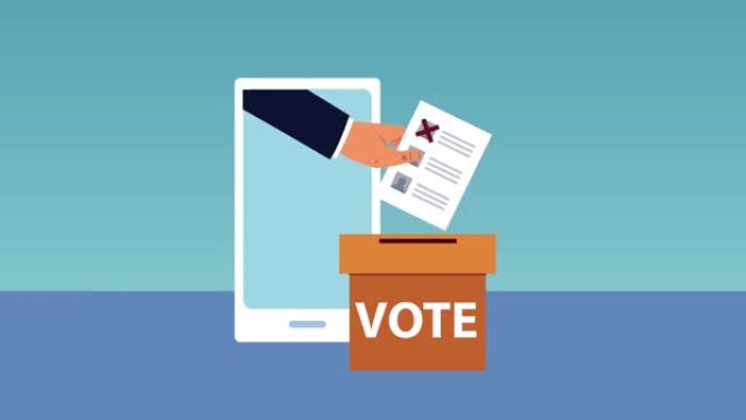 选举日民主动画与智能手机和手插入投票卡在骨灰盒