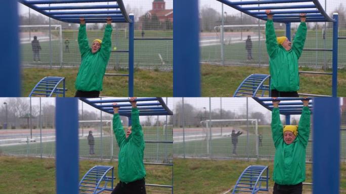 在秋天的户外力量训练中，高级男子会锻炼肌肉