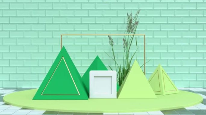 绿色几何形状讲台抽象绿草3d旋转运动