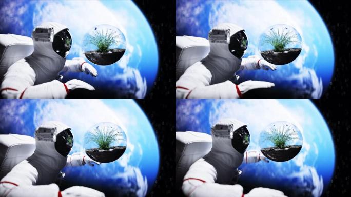 太空中的宇航员和玻璃球中的草。生态学概念。3d渲染。