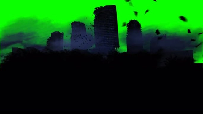 雾中的启示录城市。被摧毁城市的鸟瞰图。启示录概念。绿屏逼真4k动画。