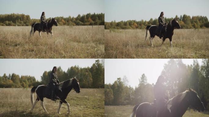 在秋天的一个周末，一个年轻女孩来到马术俱乐部，在田野里骑马