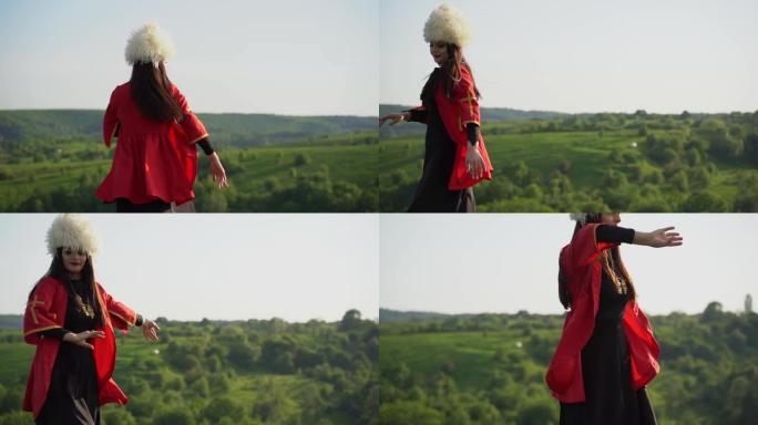 穿着白色木瓜和红色民族服装的格鲁吉亚女孩跳舞的民族舞蹈名为: rachuli，acharuli，os