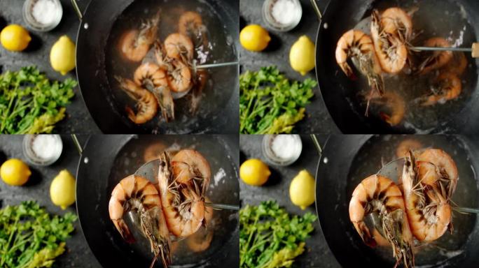 用沸水在平底锅里煮虾。