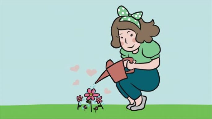 花园卡通中的女人浇花