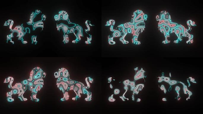 两只狮子身体形状上的漂亮纹理或图案形成的4k视频动画，孤立在黑色背景上。狮子上的3d渲染抽象循环动画