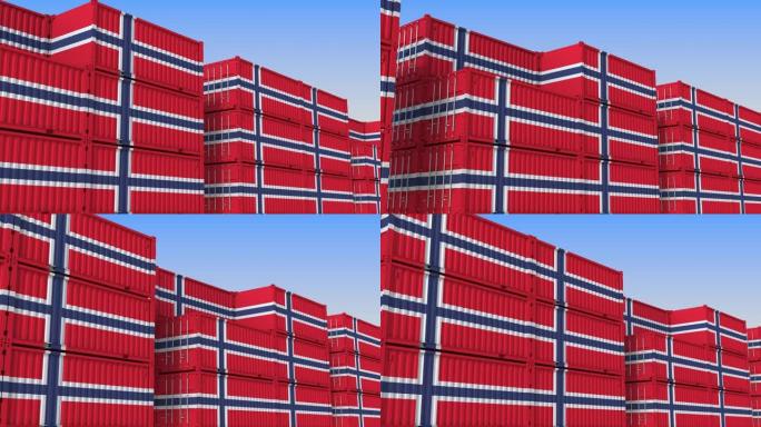 装满挪威国旗集装箱的集装箱码头