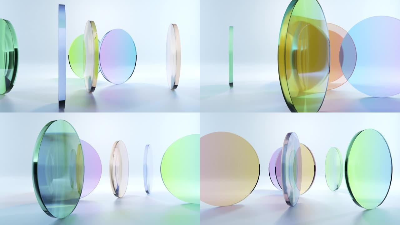 循环3d动画，彩色半透明玻璃块在白色背景上旋转和旋转，圆形镜头