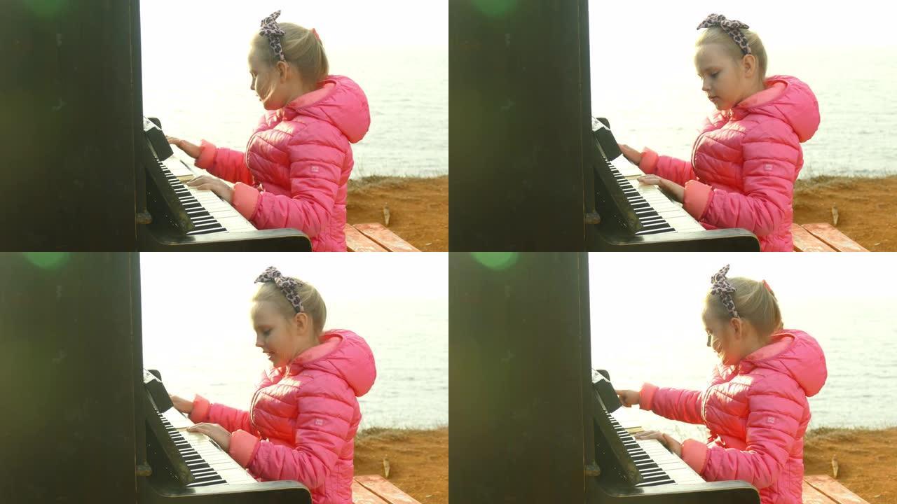 童女在沙滩上弹奏旧钢琴