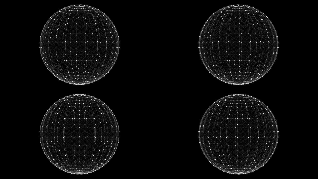 4k动画3d线框球体在黑色背景上沿其轴旋转。3d渲染