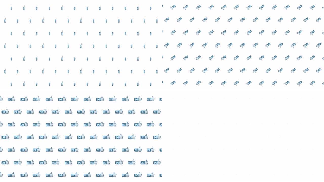 做拇指向上手势的手的动画。白色背景上的社交媒体图标。无缝模式。脸书喜欢图标运动图形。竖起大拇指图标。