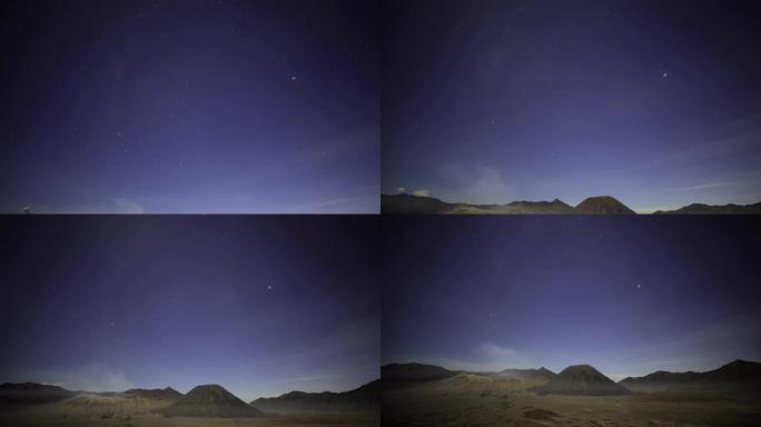 布鲁莫火山上空暗夜蓝天上的星星和银河系运动，带有噪音纹理和小插图
