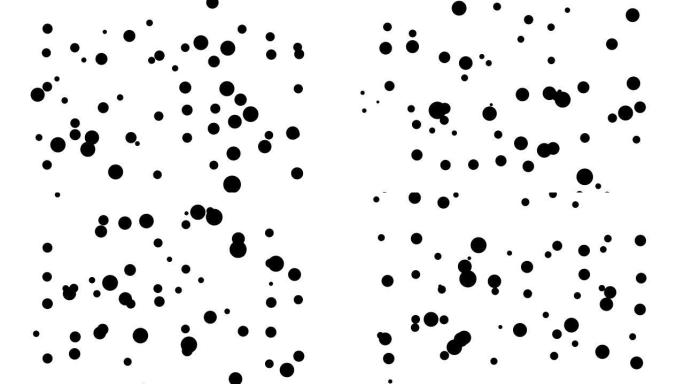 动画。抽象的黑白背景。黑色小圆圈在白色背景上快速移动