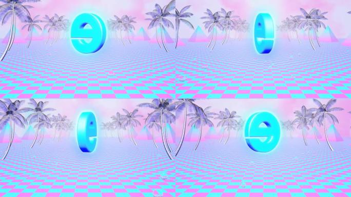 带有粉红色棕榈树的美学汽波浮动互联网电子徽标-4k无缝循环运动背景动画