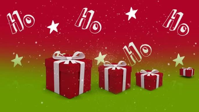 ho，ho，ho文本和圣诞节礼物的动画，星星和雪落在红色和绿色的背景上