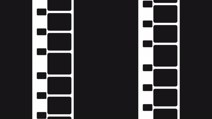 8毫米胶条移动在白色背景。黑屏上无缝循环的视频片段。抽象薄膜条设计模板。