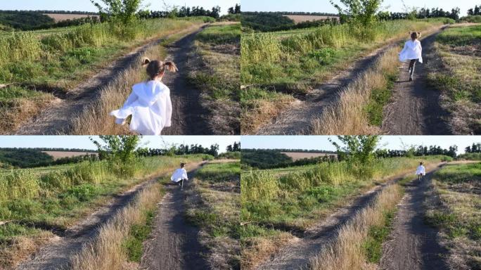 小女孩在乡村夏日景观中的土路上逃跑。慢动作4K