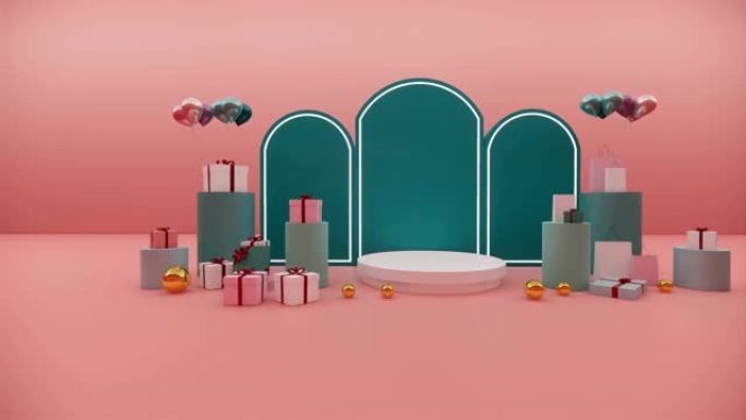 4k 3D渲染。简约圣诞背景。礼品盒。站立舞台背景。产品空间。柔和的颜色。