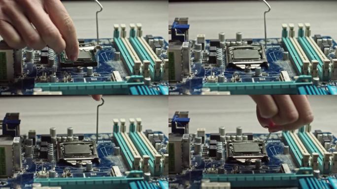电脑主板CPU插座的dolly视频。计算机、主板、硬件和技术的概念