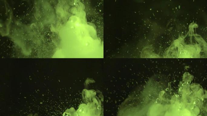 化学反应与沸腾的旋水飞溅，跳跃的水滴与大量释放的热量和气体蒸气黄绿色。泼水是一种物理现象