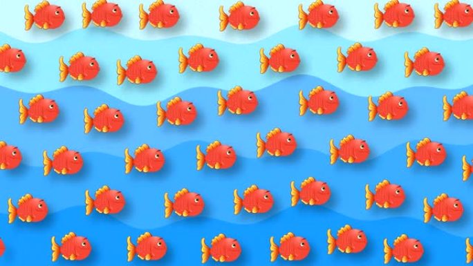 一群红色的鱼在蓝色波浪的背景下游泳