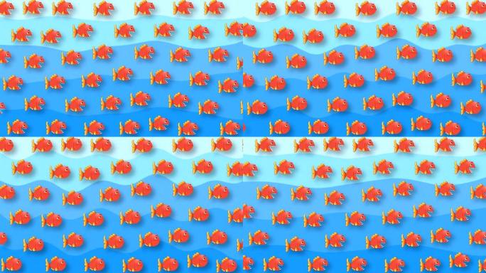 一群红色的鱼在蓝色波浪的背景下游泳