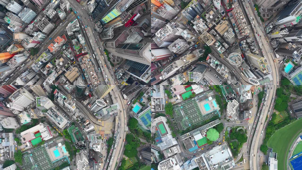 香港4k日间城市景观交通道路空中俯拍全景