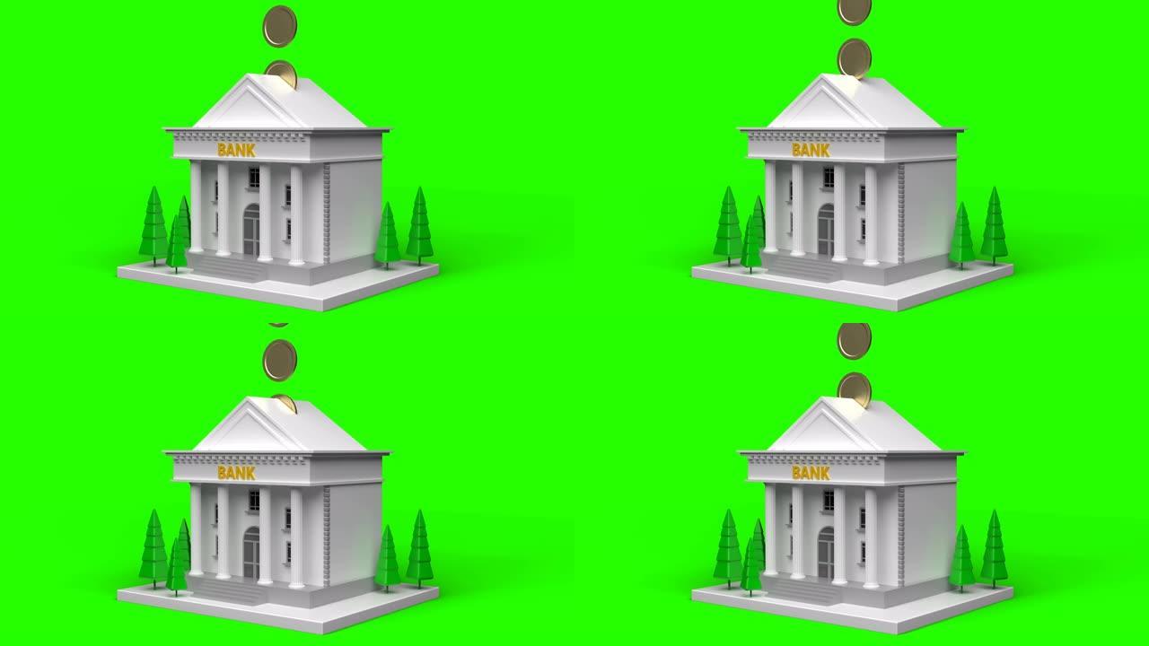 绿色背景上的3D抽象银行填充硬币的侧视图
