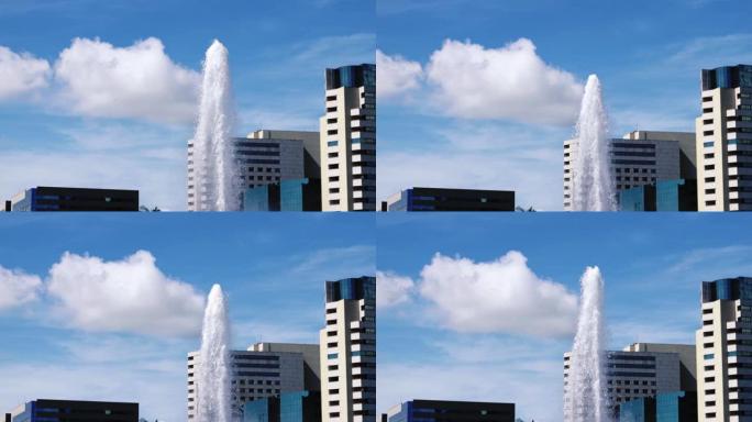从城市喷泉喷出的水的顶部。电视塔喷泉，巴西利亚，巴西。