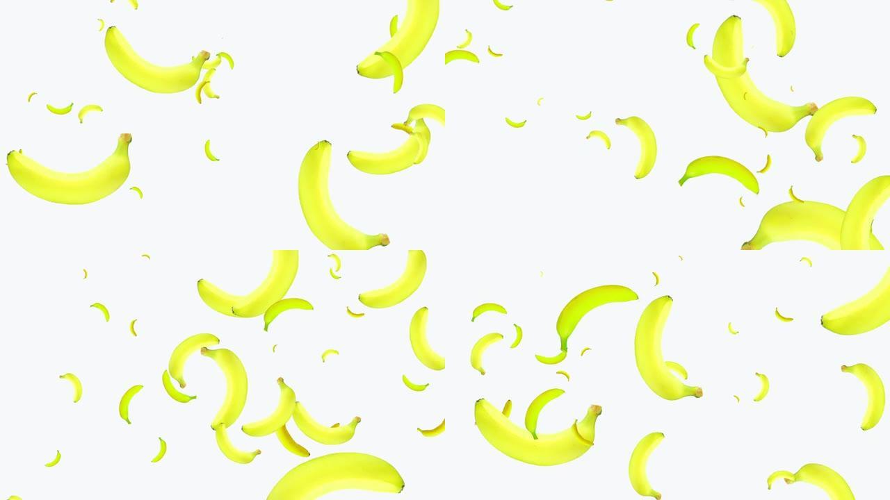 旋转落下的成熟热带水果香蕉。黑色背景上的图案。风格很小。循环动画。复制空间。更改尺寸。演示，表格，空