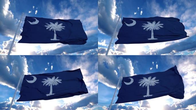 南卡罗来纳州的旗杆在风中飘扬，背景是蓝天。4 k