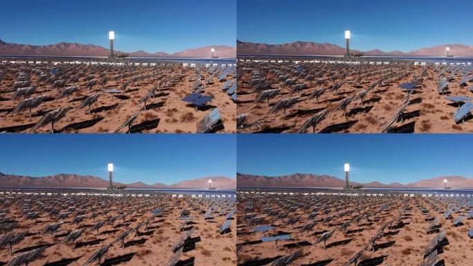 在内华达州Primm附近的加利福尼亚州莫哈精神沙漠中，一个大型太阳能集体电站的无人驾驶飞机剪辑，该电