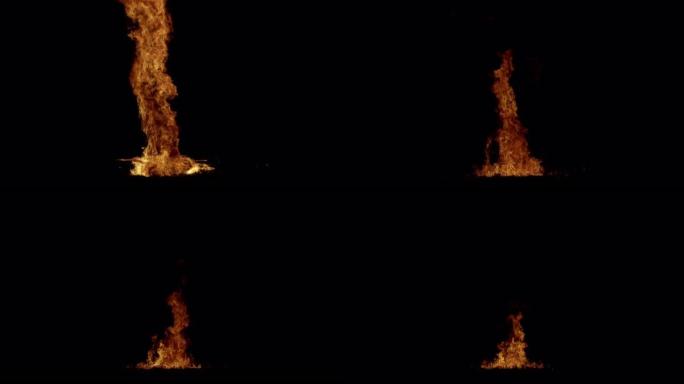 从顶部坠落的物体上的火焰与地面爆炸隔离在黑色背景4k