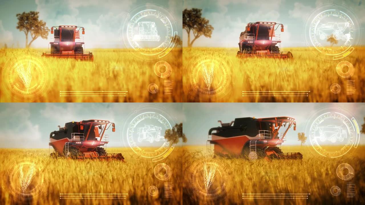 自动驾驶谷物收割机将麦田工业3D 4K 60 fps动画与数字叠加相结合