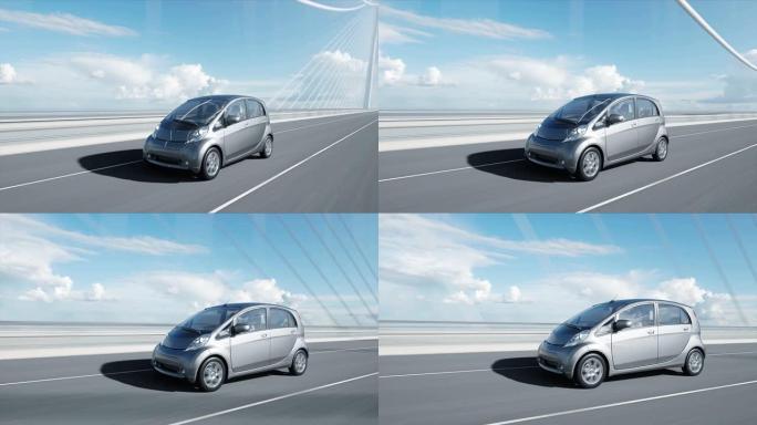 桥上电动汽车的3d模型，非常快速的行驶。生态学概念。逼真的4k动画。