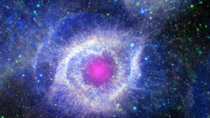 太空飞行到深空的Helix nebula God之眼，4K 3D外太空动画，并带有飞行星场，以在中心