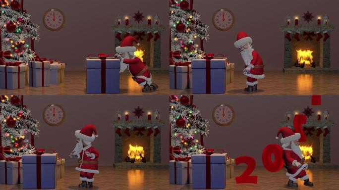 圣诞快乐，新年快乐2021动画。圣诞老人推礼物。圣诞老人带着圣诞礼物在圣诞树附近。